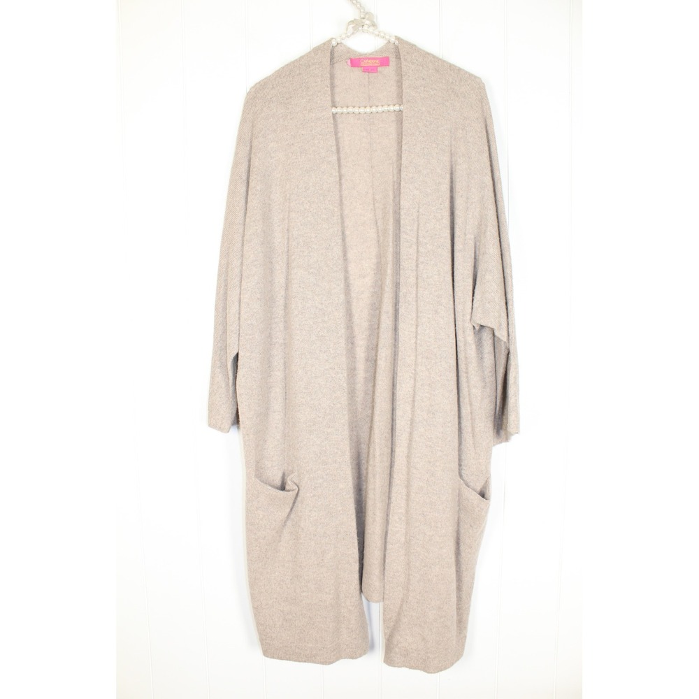 Catherine Malandrino Gray/Pink Open Front Cardigan 100% Cashmere Long Cardigan L